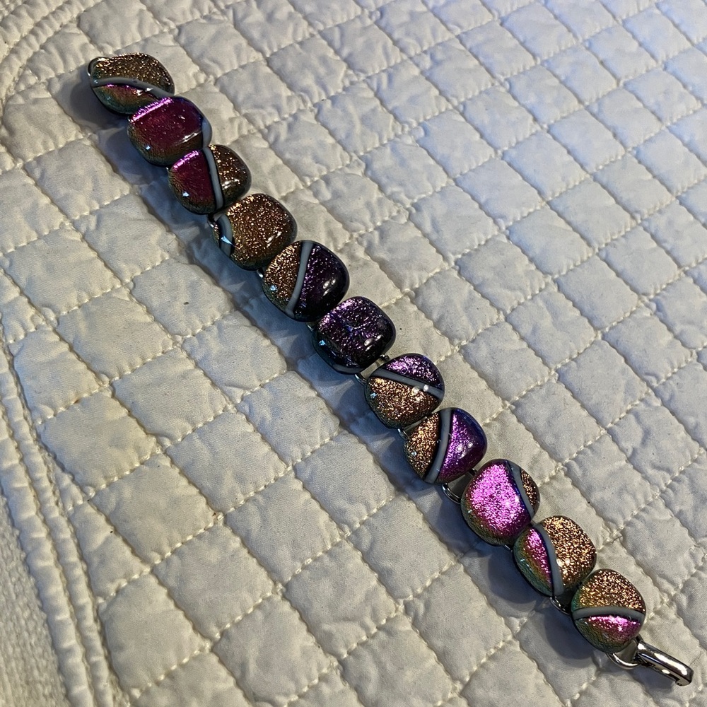 Iridescent Dichroic Purple and Bronze Glass Link Bracelet